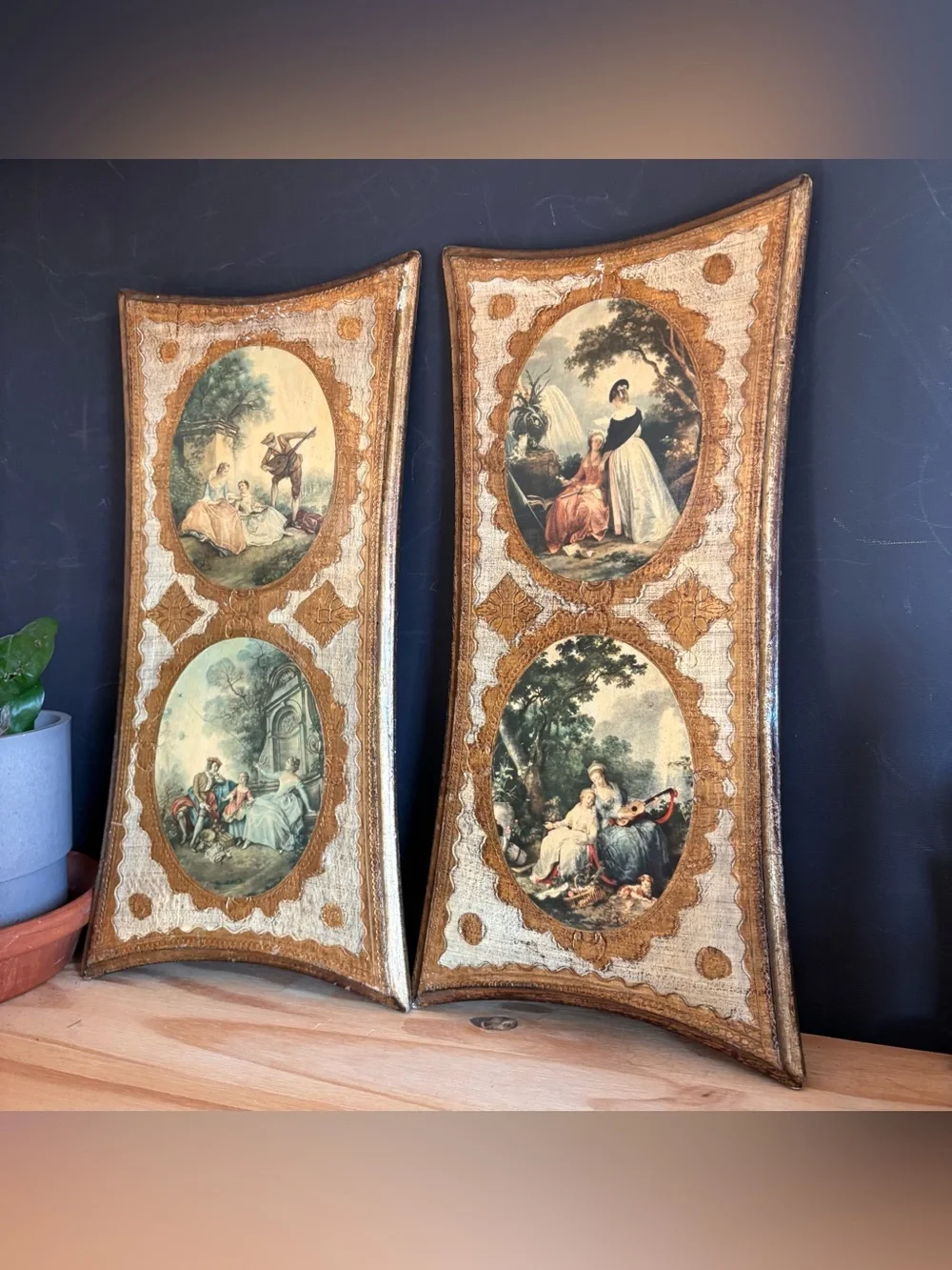 Vintage Italian Florentine Wall Plaque Set Of 2